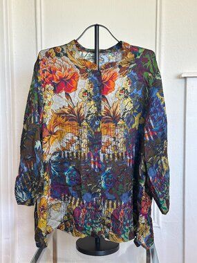 Dressori 3X Silk Blend Floral Blouse Multicolor Sheer Button Front